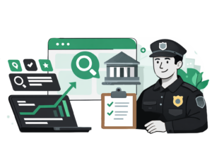 SEO for Bailiffs illustration showing bailiff, courthouse and laptop with analytics to get found by the right clients